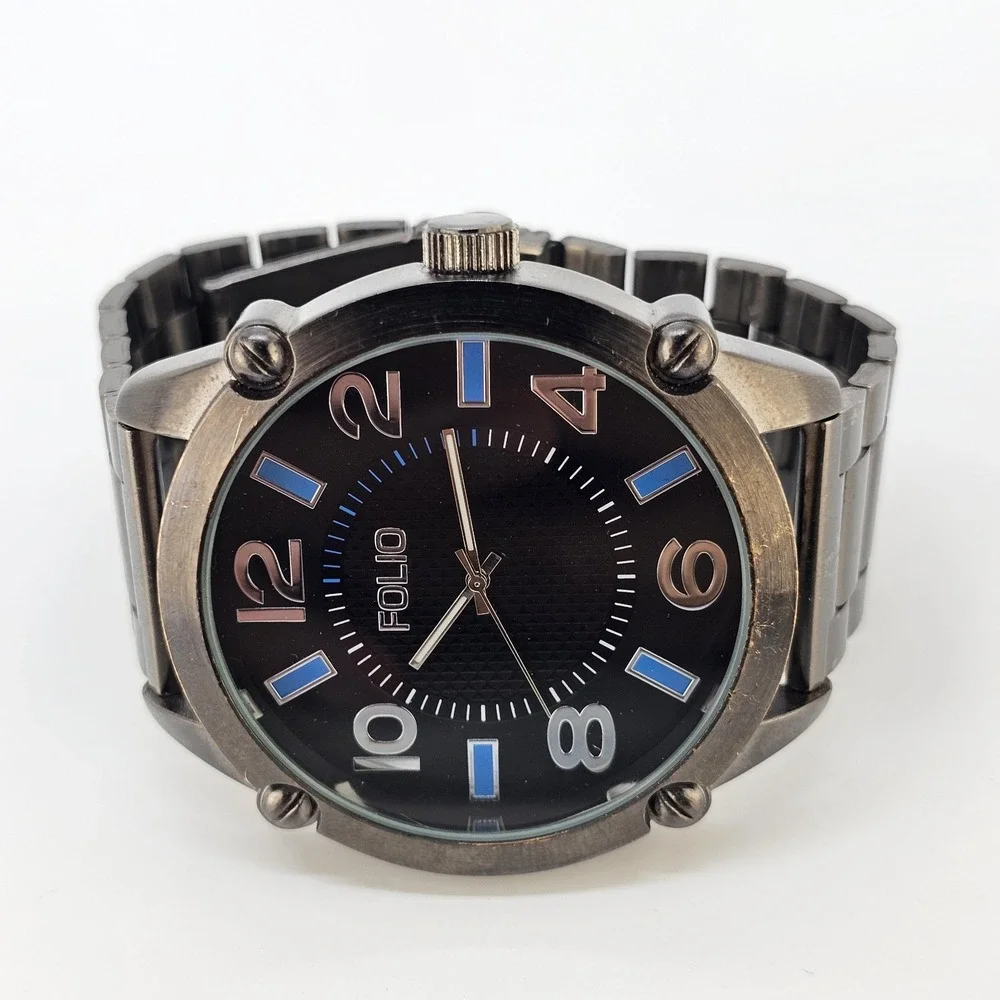 Folio Men Watch 54MM Black Dial Gun Metal Gray Bracelet Band 7.25